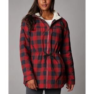 COLUMBIA Chatfield Hill Jacket Women Small Red Black Buffalo Plaid Sherpa Lined